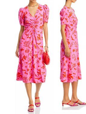 RARE NEW $495 RHODE MACI FLORAL PRINT MIDI DRESS IN PINK BOTANICAL ABST SIZE 2